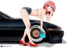  1girl bent_over bikini bikini_top car denim denim_shorts ground_vehicle hair_tucking high_heels highres looking_at_viewer love_live! love_live!_school_idol_project motor_vehicle nishikino_maki redhead short_shorts shorts smile sweeter_(h110111) swimsuit toyota_supra violet_eyes wiping 