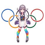  1girl 2020 2020_summer_olympics backpack bag bangs black_footwear braid clothes_writing commentary_request grey_eyes grey_hair grin hairband highres kamameshi_gougoumaru looking_at_viewer multicolored multicolored_clothes multicolored_legwear olympic_rings olympics original parted_lips pigeon-toed shirt shoes short_shorts shorts simple_background smile solo standing striped striped_legwear thigh-highs twin_braids white_background white_shirt 