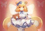  1girl animal_ears bangs bear_ears blonde_hair blue_bow blue_hairband blue_skirt blush bow butterfly butterfly_wings center_frills closed_mouth commentary eyebrows_visible_through_hair frills hair_between_eyes hair_bow hairband long_hair looking_at_viewer maodouzi orange_eyes original pantyhose puffy_short_sleeves puffy_sleeves purple_bow shirt short_sleeves sitting skirt smile solo striped striped_bow stuffed_animal stuffed_toy teddy_bear vertical-striped_skirt vertical_stripes white_legwear white_shirt wings 