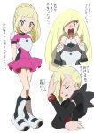  1boy 2girls arms_behind_back blonde_hair brother_and_sister closed_eyes djmn_c gladio_(pokemon) green_eyes hair_over_one_eye lillie_(pokemon) long_hair long_sleeves lusamine_(pokemon) mother_and_daughter mother_and_son multiple_girls open_mouth pokemon pokemon_(anime) pokemon_sm_(anime) ponytail short_hair short_sleeves siblings simple_background smile torn_clothes uniform white_background z-ring 