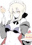  1girl :o absurdres artoria_pendragon_(all) artoria_pendragon_(swimsuit_rider_alter) bangs bare_shoulders bikini black_bikini black_jacket black_ribbon blush braid breasts cake collar commentary_request detached_collar fate/grand_order fate/stay_night fate_(series) food fork french_braid frilled_collar frills fruit hair_ribbon harukon_(halcon) heart highres hood hoodie jacket looking_at_viewer maid_headdress navel neck_ribbon off_shoulder open_clothes open_jacket pale_skin ribbon saber_alter silver_hair simple_background small_breasts solo strawberry swimsuit v-shaped_eyebrows waist white_background yellow_eyes 