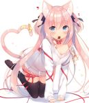  1girl all_fours animal_ears black_legwear blue_eyes bow breasts cat_ears cat_tail chocolate chocolate_heart choker cleavage commentary_request dress food_in_mouth hair_bow hair_ribbon heart long_hair looking_at_viewer mouth_hold original pink_hair red_bow red_ribbon ribbon ribbon_choker sazaki_ichiri see-through_silhouette simple_background smile solo tail tail_bow tail_ribbon thigh-highs thigh_bow thigh_ribbon two_side_up valentine white_background white_dress yellow_bow yellow_ribbon zettai_ryouiki 