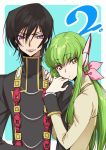  1boy 1girl bangs black_hair black_jacket blue_background bow c.c. closed_mouth code_geass couple creayus eyebrows_visible_through_hair fingernails green_hair hair_between_eyes hair_bow hands_on_another&#039;s_shoulder jacket lelouch_lamperouge long_hair long_sleeves looking_at_viewer parted_lips pink_bow simple_background smile solo standing violet_eyes yellow_eyes 