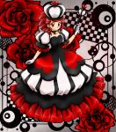  1girl asymmetrical_hair blush breasts checkered checkered_background chikorita85 commentary crown dress drill_hair drill_locks earrings eyelashes floral_background flower full_body gloves hand_up heart heart_earrings heart_necklace high_contrast holding jewelry long_dress looking_at_viewer original playing_card_theme puffy_short_sleeves puffy_sleeves queen red red_eyes red_flower red_rose redhead rose scepter short_sleeves small_breasts smile solo standing white_gloves 
