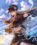  1girl black_hat black_shirt black_skirt blonde_hair blue_sky breasts clouds collarbone day electricity ezusuke floating_hair hair_between_eyes hat highres long_hair medium_breasts midriff miniskirt navel outdoors outstretched_arms red_eyes shingeki_no_bahamut shirt sidelocks skirt sky solo stomach wings 