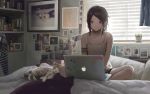  1girl bed bedroom black_hair cat computer highres indoors laptop on_bed original short_hair sitting tomiya_(tomiya2117) window 