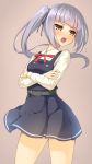  1girl belt black_ribbon brown_background brown_eyes crossed_arms dress highres kantai_collection kasumi_(kantai_collection) long_hair long_sleeves nueco open_mouth pinafore_dress red_ribbon remodel_(kantai_collection) ribbon shirt side_ponytail silver_hair simple_background solo white_shirt 