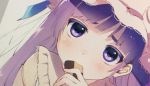  1girl commentary_request cookie dutch_angle ear eating eyebrows eyelashes food hat holding holding_food limited_palette long_hair looking_at_viewer mob_cap pajamas partially_colored patchouli_knowledge purple_hair solo touhou upper_body vanilla_(miotanntann) violet_eyes 