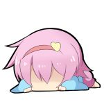  1girl blue_shirt chibi faceless faceless_female heart komeiji_koishi lying on_stomach pink_hair shirt short_hair simple_background touhou twumi white_background 