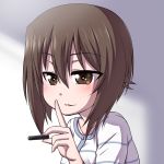  1girl bangs brown_eyes brown_hair casual commentary_request eyebrows_visible_through_hair girls_und_panzer hanya_(hanya_yashiki) holding light_smile long_sleeves looking_at_viewer nishizumi_maho parted_lips portrait shirt short_hair solo striped striped_shirt white_shirt 