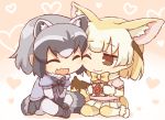  2girls ^_^ animal_ears blonde_hair bow bowtie cheek-to-cheek chibi closed_eyes common_raccoon_(kemono_friends) fang fennec_(kemono_friends) fox_ears fox_tail fur_trim grey_hair heart heart_background indian_style kata_meguma kemono_friends multiple_girls one_eye_closed pantyhose pleated_skirt raccoon_ears raccoon_tail sitting skirt tail valentine wariza yuri |d 