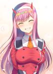  asahina_hikage breasts darling_in_the_franxx hairband horns pink_hair smile uniform white_hairband zero_two_(darling_in_the_franxx) 