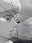  1boy 1girl climbing clouds eyelashes face from_side fur_hat giant giantess greyscale hat hill malshi_edroad melony_(pokemon) monochrome on_nose outdoors parted_lips pokemon pokemon_(game) pokemon_swsh scarf sky tearing_up 