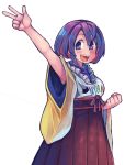  1girl :d anarogumaaa arm_up bangs blue_eyes blush clenched_hand hakama hieda_no_akyuu japanese_clothes long_sleeves looking_at_viewer nail_polish open_mouth purple_hair short_hair simple_background smile solo touhou v white_background wide_sleeves 