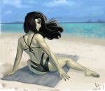  1girl back barefoot beach black_hair black_nails black_swimsuit day diepod dimples_of_venus eyeshadow from_behind green_skin highres kim_possible looking_back makeup nail_polish ocean shego soles solo swimsuit thick_eyebrows toes toned wind 