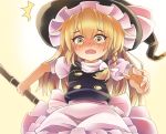  /\/\/\ 1girl apron bamboo_broom blonde_hair blush braid broom d: hat houshiruri kirisame_marisa long_hair open_mouth puffy_short_sleeves puffy_sleeves short_sleeves side_braid single_braid solo surprised touhou turtleneck vest waist_apron witch_hat yellow_eyes 