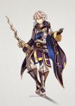  1boy armor cloak elbow_gloves european_clothes fire_emblem fire_emblem:_kakusei fire_emblem_if fusion gloves grey_background holding holding_sword holding_weapon male_focus male_my_unit_(fire_emblem:_kakusei) male_my_unit_(fire_emblem_if) my_unit_(fire_emblem:_kakusei) my_unit_(fire_emblem_if) pointy_ears ponytail red_eyes simple_background sword weapon white_hair 