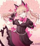 1girl alternate_costume animal_ears black_cat_d.va black_dress black_gloves blonde_hair bow breasts cat_ears character_name cleavage corset cowboy_shot d.va_(overwatch) dress earrings frilled_dress frills gloves heart heart_earrings jewelry lolita_fashion looking_at_viewer medium_breasts open_mouth overwatch pink_background pink_bow puffy_short_sleeves puffy_sleeves short_sleeves smile solo twintails zhong_chai 