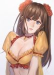  1girl blue_eyes breasts brown_hair choker cleavage collarbone commentary_request earrings fate/grand_order fate_(series) flower hair_between_eyes hair_flower hair_ornament hoop_earrings jewelry long_hair looking_at_viewer mata_hari_(fate/grand_order) pikomaro red_choker short_sleeves simple_background solo stomach white_background 