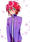  1boy blush cardfight!!_vanguard cardfight!!_vanguard_g flower green_eyes highres male_focus multicolored_hair pink_hair redhead shindou_chrono simple_background solo two-tone_hair upper_body white_background yuu_(7862260010) 