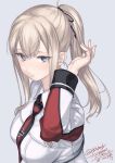  1girl 2018 alternate_hairstyle blonde_hair blue_eyes breasts collared_jacket commentary_request dated graf_zeppelin_(kantai_collection) grey_background grey_jacket iron_cross jacket kantai_collection large_breasts long_hair long_sleeves looking_at_viewer necktie ponytail red_neckwear rokuwata_tomoe sidelocks simple_background solo twitter_username upper_body 