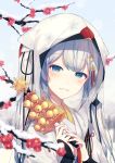  1girl bell blue_eyes day eyebrows_visible_through_hair flower hair_between_eyes hatsune_miku holding japanese_clothes jingle_bell kagura_suzu kimono long_hair looking_at_viewer outdoors red_flower silltare silver_hair smile snow solo twintails upper_body vocaloid white_kimono yuki_miku 