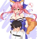  1boy 1girl :3 animal_ears bare_shoulders black_hair blue_legwear blue_ribbon blush breasts cleavage collarbone detached_sleeves embarrassed faceless faceless_male fate/grand_order fate_(series) fox_ears fox_tail fujimaru_ritsuka_(male) hair_ribbon heart highres japanese_clothes large_breasts niku114514810 open_mouth pink_hair ribbon speech_bubble tail tamamo_(fate)_(all) tamamo_no_mae_(fate) wavy_mouth yellow_eyes 