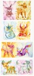  :d black_eyes brown_eyes closed_mouth eevee espeon fiery_hair fiery_tail flareon glaceon glitchedpuppet highres jolteon leafeon looking_at_viewer multicolored no_humans open_mouth pokemon pokemon_(creature) pokemon_(game) pokemon_dppt pokemon_gsc pokemon_rgby sitting smile standing traditional_media umbreon vaporeon watercolor_(medium) white_border 