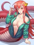  1girl absurdres blush breasts collarbone commission drawstring eyebrows_visible_through_hair hair_ornament hair_twirling hairclip highres jewelry lamia looking_at_viewer maritan_(pixelmaritan) miia_(monster_musume) monster_girl monster_musume_no_iru_nichijou navel no_bra off_shoulder open_mouth partially_unzipped pointy_ears redhead ring scales solo wedding_band yellow_eyes 