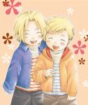  2boys alphonse_elric blonde_hair blush brothers closed_eyes edward_elric floral_background fullmetal_alchemist hand_on_another&#039;s_head happy jacket male_focus multiple_boys open_mouth pants pink_background shirt short_hair siblings simple_background smile uho_(uhoponta) white_shirt 