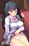  1girl ahoge alternate_eye_color apron black_hair blush breasts ippongui kantai_collection large_breasts long_hair long_sleeves open_mouth panties purple_sweater red_eyes solo sweater underwear ushio_(kantai_collection) white_apron white_panties 