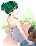  1girl absurdres ass bath bathing blush breasts cleavage collarbone dotentity fire_emblem fire_emblem:_rekka_no_ken fire_emblem_heroes green_eyes green_hair highres long_hair looking_at_viewer lyndis_(fire_emblem) naked_towel onsen ponytail simple_background smile solo steam towel water wet white_towel 