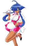  1girl 90s ahoge aqua_eyes blue_hair cacao_(lamune) character_name clothes_writing cup dark_skin earrings forearms_at_chest hair_over_one_eye holding holding_tray jewelry kotobuki_tsukasa leg_up long_hair looking_at_viewer official_art open_mouth puffy_sleeves red_footwear short_sleeves sidelocks skirt solo transparent_background tray underbust vs_knight_lamune_&amp;_40_fire waitress wristband 