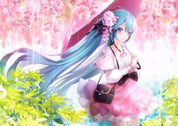  1girl ajigo black_bow blue_eyes blue_hair blush bow cowboy_shot day floating_hair flower hair_between_eyes hair_bow hair_flower hair_ornament hatsune_miku high-waist_skirt holding holding_umbrella long_hair melt_(vocaloid) outdoors pink_flower pink_skirt pink_umbrella rain shirt skirt solo standing twintails umbrella very_long_hair vocaloid white_shirt wrist_cuffs 