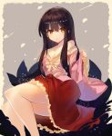  1girl bare_legs black_hair breasts cleavage collarbone commentary_request dress eyebrows_visible_through_hair feet_out_of_frame frills hair_between_eyes highres houraisan_kaguya long_hair long_sleeves looking_at_viewer off-shoulder_shirt parted_lips pink_dress pink_shirt red_skirt rin_falcon shirt sidelocks skirt solo touhou wide_sleeves yellow_eyes 