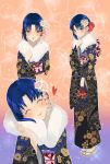  blue_eyes blue_hair blush ciel cropped_torso fur-trimmed_kimono fur_trim hand_on_own_chest heart highres japanese_clothes kimono multiple_views oceanbellereine parted_lips short_hair smile tsukihime wide_sleeves 