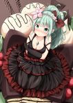  1girl black_dress black_gloves blush breasts chocolate cleavage dress elbow_gloves flower gloves green_eyes green_hair hair_between_eyes hair_flower hair_ornament hair_ribbon highres jewelry kantai_collection long_hair mochiyuki necklace open_mouth ponytail red_ribbon ribbon solo yamakaze_(kantai_collection) 