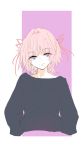  1boy absurdres astolfo_(fate) casual crossdressinging earrings fate/grand_order fate_(series) hair_ribbon highres jewelry pink_hair ribbon smile sweater takasaki_aneki trap violet_eyes 