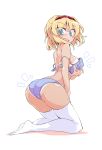  /\/\/\ 1girl alice_margatroid ass blonde_hair blue_bra blue_eyes blue_panties bra breast_hold breasts commentary_request feet_together full_body fumitsuki_(minaduki_6) hairband hand_on_thigh kneeling large_breasts looking_at_viewer looking_back open_mouth panties short_hair sideboob simple_background solo sweat tan tanline thigh-highs touhou underwear underwear_only unfastened white_background white_legwear 