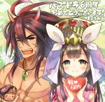  1boy 1girl bangs blush brown_eyes brown_hair chest_scar chibi_inset closed_mouth commentary_request eyebrows_visible_through_hair facial_mark fang fingernails floral_print forehead_mark green_eyes headdress heart holding holding_heart horns japanese_clothes jewelry kimono kushinada_(p&amp;d) long_hair long_sleeves magatama marshmallow_mille necklace one_eye_closed open_mouth pink_kimono print_kimono puzzle_&amp;_dragons scar shirtless smile susanoo_(p&amp;d) translation_request 
