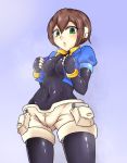  1girl aile beruzumi-m bodysuit breasts brown_hair commentary_request covered_navel gloves green_eyes looking_at_viewer rockman rockman_zx short_hair solo spandex 
