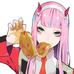  1girl artist_name bangs blunt_bangs darling_in_the_franxx food food_in_mouth green_eyes grey_background hairband highres honey horns long_hair looking_at_viewer military military_uniform mouth_hold nail_polish necktie pink_hair ram_(ramlabo) red_neckwear signature simple_background solo steak tsurime uniform upper_body zero_two_(darling_in_the_franxx) 