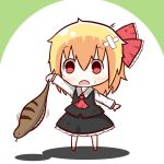  1girl :o animal bandaid bandaid_on_face black_skirt blonde_hair blouse chibi eyebrows_visible_through_hair hair_ribbon holding holding_animal necktie red_eyes red_neckwear red_ribbon ribbon rumia scratches shirt short_hair simple_background skirt solo tarebin tongue tongue_out touhou tsuchinoko white_blouse white_shirt 