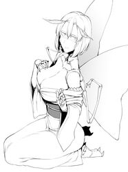  1girl antennae blush breasts cleavage closed_mouth extra_arms fewer_digits from_side full_body greyscale hair_between_eyes hand_on_own_chest hands_up highres japanese_clothes kimono large_breasts looking_at_viewer monochrome monster_girl moth_wings multiple_pupils nakamura_regura no_bra no_shoes obi original sash seiza short_hair simple_background sitting solo white_background wings 