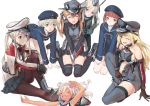  6+girls auburn_hair bismarck_(kantai_collection) black_legwear black_skirt blonde_hair blue_dress blue_eyes brown_eyes brown_hair clothes_writing dress dual_persona garrison_cap graf_zeppelin_(kantai_collection) grey_legwear hat indian_style kantai_collection long_hair military military_uniform multiple_girls pantyhose peaked_cap pleated_skirt prinz_eugen_(kantai_collection) ro-500_(kantai_collection) sailor_dress sailor_hat silver_hair simple_background sitting skirt sleeping thigh-highs twintails u-511_(kantai_collection) uniform wariza wetsuit white_background yanta55 z1_leberecht_maass_(kantai_collection) z3_max_schultz_(kantai_collection) 