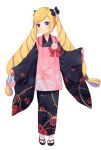 1girl bangs black_footwear black_kimono blonde_hair blue_bow blush bow closed_mouth earrings elise_(fire_emblem_if) fire_emblem fire_emblem_if floral_print flower full_body gem geta hair_bow holding_bag japanese_clothes jewelry kimono long_hair long_sleeves looking_at_viewer multicolored_hair pink_flower pink_rose print_kimono purple_hair red_bow rose rose_print shiny shiny_hair simple_background sleeves_past_wrists smile solo standing swept_bangs tabi transistor two-tone_hair very_long_hair violet_eyes white_background white_legwear wide_sleeves 