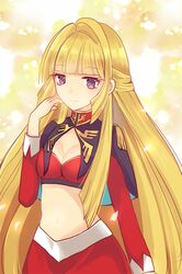  1girl blonde_hair breasts cleavage closed_mouth commentary_request crop_top gundam gundam_tekketsu_no_orphans hand_up kudelia_aina_bernstein long_hair long_sleeves looking_at_viewer maodouzi medium_breasts navel red_skirt sidelocks skirt smile solo very_long_hair violet_eyes 