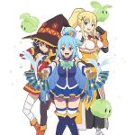  3girls aqua_(konosuba) bandage bandaged_leg belt black_gloves blonde_hair blue_eyes blue_hair blue_shirt blush bow breasts cape collar darkness_(konosuba) detached_sleeves dress fan fingerless_gloves folding_fan gloves green_bow hair_ornament hair_rings hat kono_subarashii_sekai_ni_shukufuku_wo! large_breasts long_hair megumin multiple_girls official_art open_mouth ponytail red_dress red_eyes shirt short_hair_with_long_locks single_thighhigh thigh-highs uchi_no_hime-sama_ga_ichiban_kawaii witch_hat x_hair_ornament 