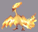 anklet claws clothed_pokemon commentary fire flaming_hair full_body fushigi_no_dungeon grey_background headband jewelry looking_away looking_to_the_side moltres no_humans pokemon pokemon_(creature) pokemon_fushigi_no_dungeon simple_background solo 