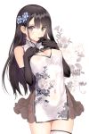  1girl absurdres bangs bare_shoulders black_gloves black_hair blue_panties blush breasts china_dress chinese_clothes cleavage cleavage_cutout covered_navel dress elbow_gloves erect_nipples eyebrows eyebrows_visible_through_hair floral_background flower frills gloves grey_eyes hair_flower hair_ornament highres long_hair looking_at_viewer medium_breasts original panties parted_lips ping-yi scan see-through simple_background sleeveless sleeveless_dress tanaka_takayuki thigh_strap underwear 